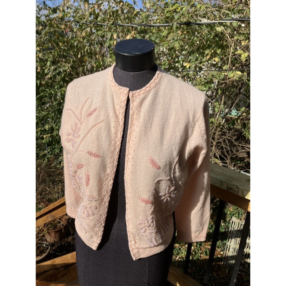 Vtg 50s Rockabilly Pale Pink Lambswool Beaded Bombshell Cardigan Sweater M
